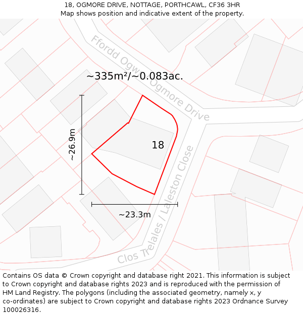 18, OGMORE DRIVE, NOTTAGE, PORTHCAWL, CF36 3HR: Plot and title map