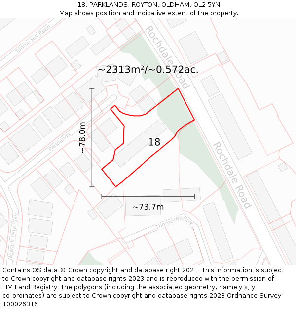 18, PARKLANDS, ROYTON, OLDHAM, OL2 5YN: Plot and title map