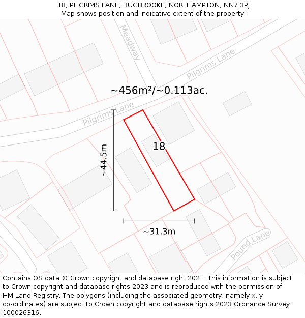 18, PILGRIMS LANE, BUGBROOKE, NORTHAMPTON, NN7 3PJ: Plot and title map