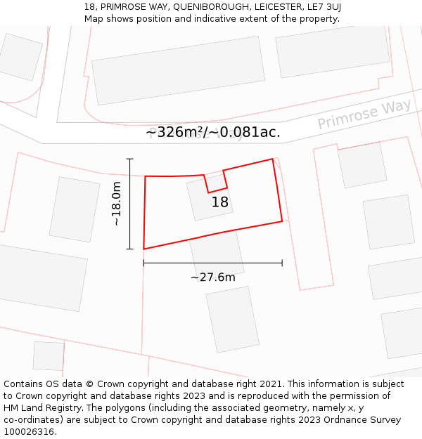 18, PRIMROSE WAY, QUENIBOROUGH, LEICESTER, LE7 3UJ: Plot and title map