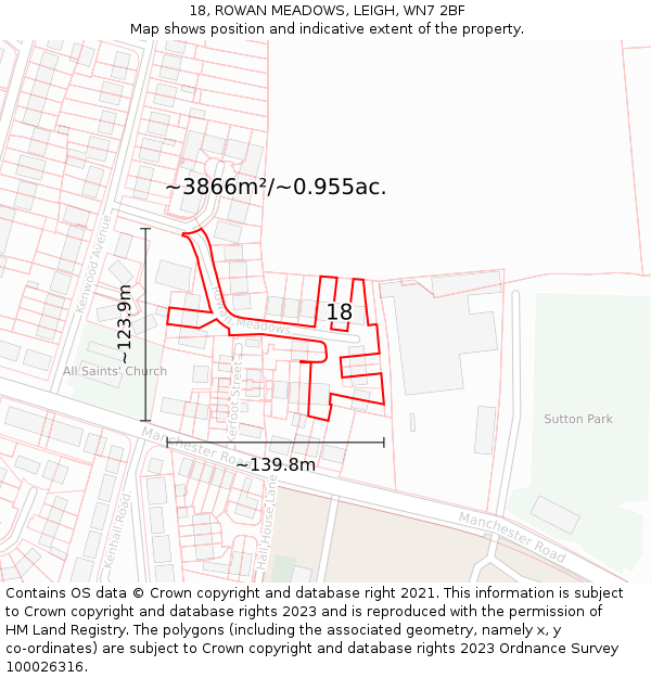 18, ROWAN MEADOWS, LEIGH, WN7 2BF: Plot and title map