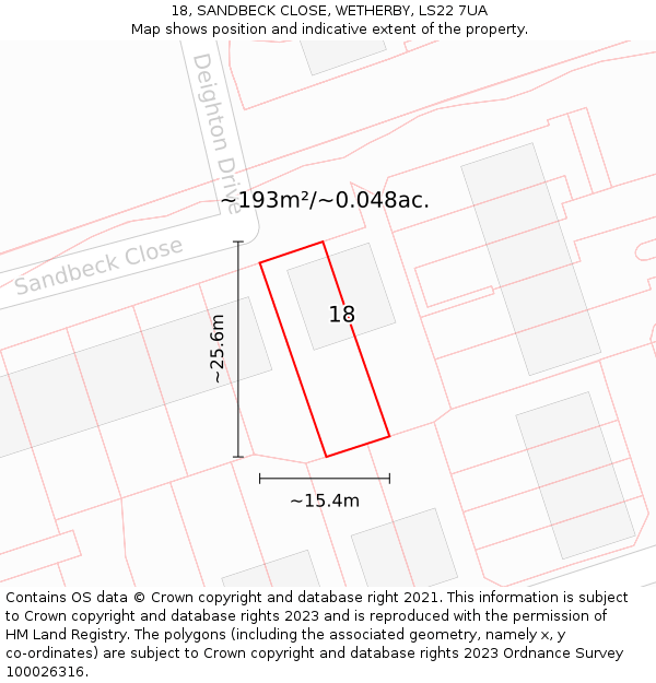18, SANDBECK CLOSE, WETHERBY, LS22 7UA: Plot and title map