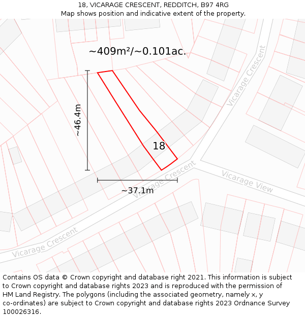 18, VICARAGE CRESCENT, REDDITCH, B97 4RG: Plot and title map
