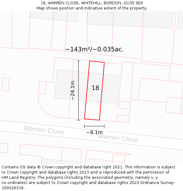 18, WARREN CLOSE, WHITEHILL, BORDON, GU35 9EX: Plot and title map