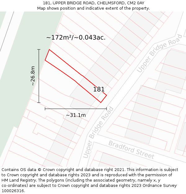 181, UPPER BRIDGE ROAD, CHELMSFORD, CM2 0AY: Plot and title map