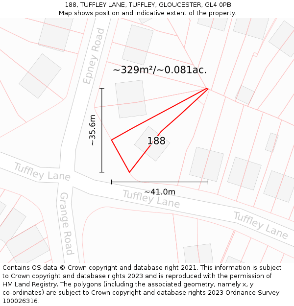 188, TUFFLEY LANE, TUFFLEY, GLOUCESTER, GL4 0PB: Plot and title map