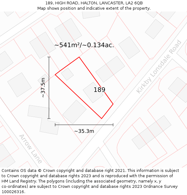 189, HIGH ROAD, HALTON, LANCASTER, LA2 6QB: Plot and title map