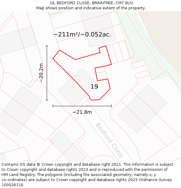 19, BEDFORD CLOSE, BRAINTREE, CM7 9LN: Plot and title map