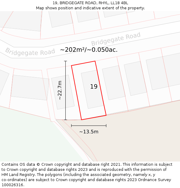 19, BRIDGEGATE ROAD, RHYL, LL18 4BL: Plot and title map