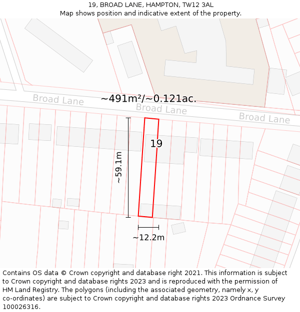 19, BROAD LANE, HAMPTON, TW12 3AL: Plot and title map