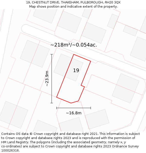 19, CHESTNUT DRIVE, THAKEHAM, PULBOROUGH, RH20 3QX: Plot and title map