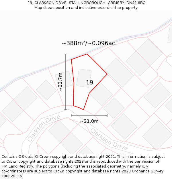 19, CLARKSON DRIVE, STALLINGBOROUGH, GRIMSBY, DN41 8BQ: Plot and title map