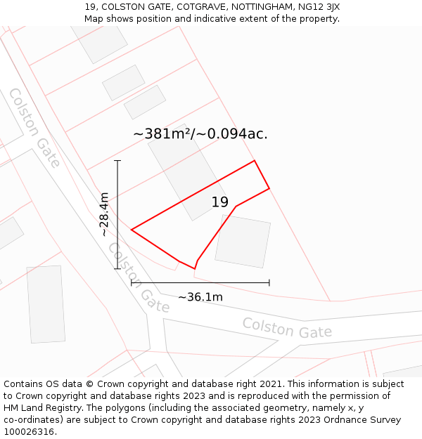 19, COLSTON GATE, COTGRAVE, NOTTINGHAM, NG12 3JX: Plot and title map