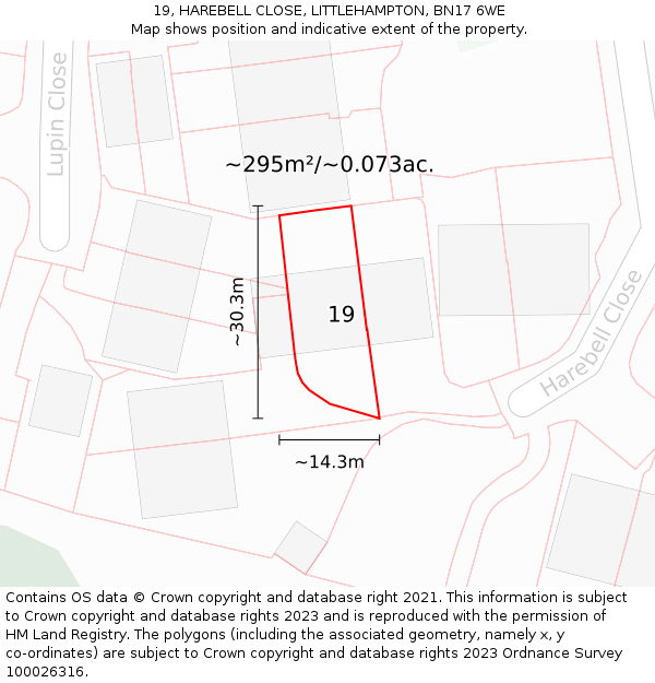 19, HAREBELL CLOSE, LITTLEHAMPTON, BN17 6WE: Plot and title map
