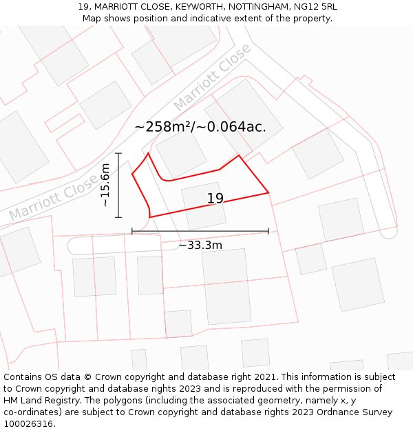19, MARRIOTT CLOSE, KEYWORTH, NOTTINGHAM, NG12 5RL: Plot and title map