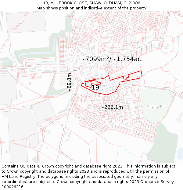 19, MILLBROOK CLOSE, SHAW, OLDHAM, OL2 8QA: Plot and title map