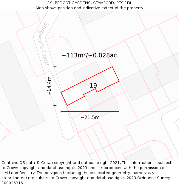 19, REDCOT GARDENS, STAMFORD, PE9 1DL: Plot and title map