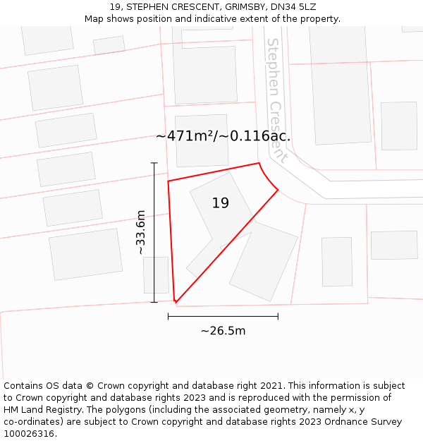 19, STEPHEN CRESCENT, GRIMSBY, DN34 5LZ: Plot and title map