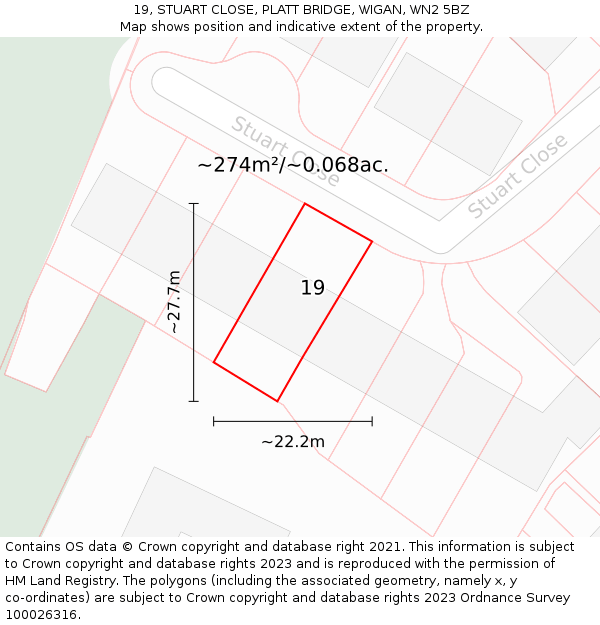 19, STUART CLOSE, PLATT BRIDGE, WIGAN, WN2 5BZ: Plot and title map