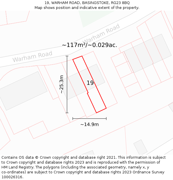19, WARHAM ROAD, BASINGSTOKE, RG23 8BQ: Plot and title map