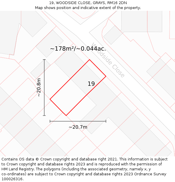 19, WOODSIDE CLOSE, GRAYS, RM16 2DN: Plot and title map