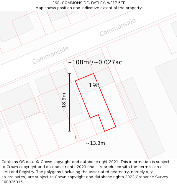 198, COMMONSIDE, BATLEY, WF17 6EB: Plot and title map