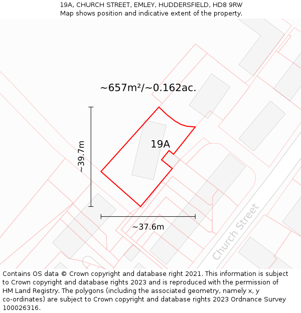 19A, CHURCH STREET, EMLEY, HUDDERSFIELD, HD8 9RW: Plot and title map