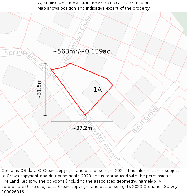 1A, SPRINGWATER AVENUE, RAMSBOTTOM, BURY, BL0 9RH: Plot and title map