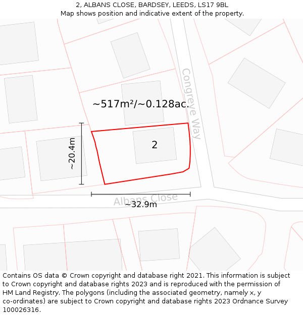 2, ALBANS CLOSE, BARDSEY, LEEDS, LS17 9BL: Plot and title map