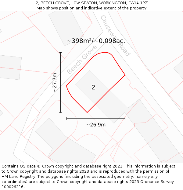 2, BEECH GROVE, LOW SEATON, WORKINGTON, CA14 1PZ: Plot and title map