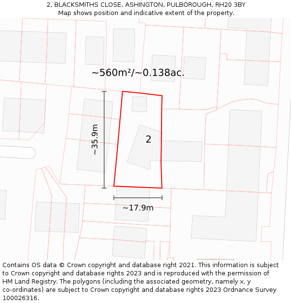 2, BLACKSMITHS CLOSE, ASHINGTON, PULBOROUGH, RH20 3BY: Plot and title map
