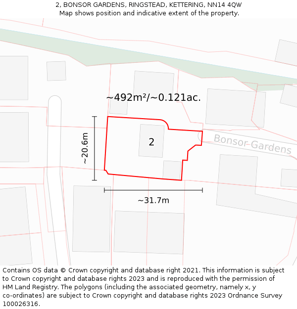 2, BONSOR GARDENS, RINGSTEAD, KETTERING, NN14 4QW: Plot and title map