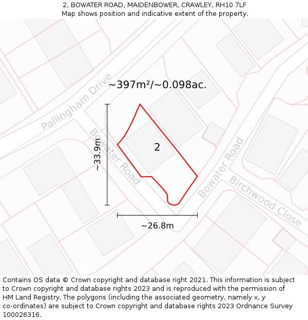 2, BOWATER ROAD, MAIDENBOWER, CRAWLEY, RH10 7LF: Plot and title map