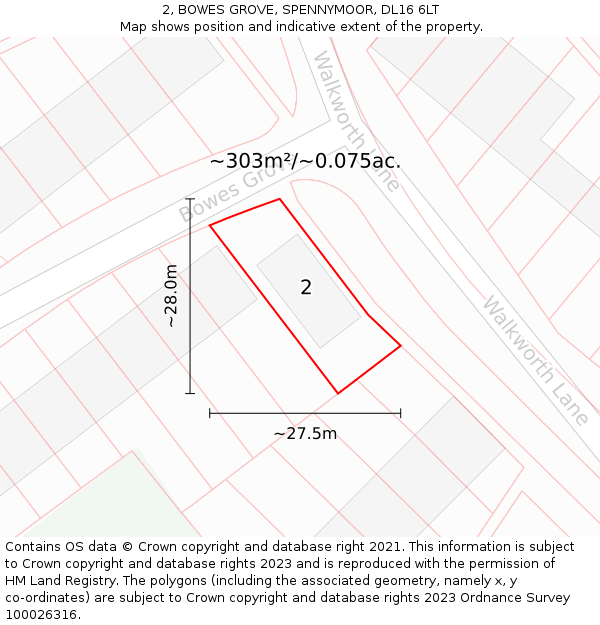 2, BOWES GROVE, SPENNYMOOR, DL16 6LT: Plot and title map