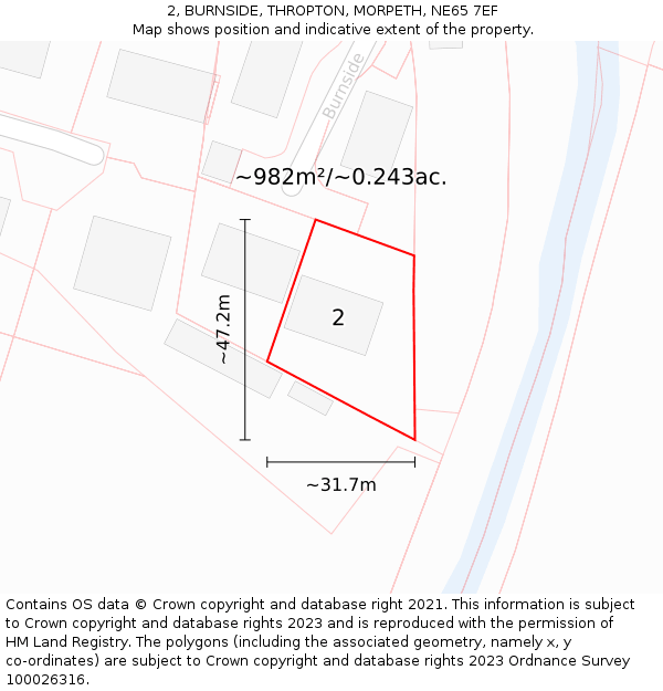 2, BURNSIDE, THROPTON, MORPETH, NE65 7EF: Plot and title map