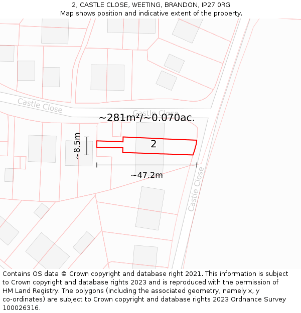 2, CASTLE CLOSE, WEETING, BRANDON, IP27 0RG: Plot and title map