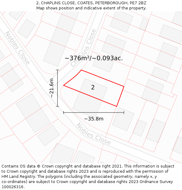 2, CHAPLINS CLOSE, COATES, PETERBOROUGH, PE7 2BZ: Plot and title map