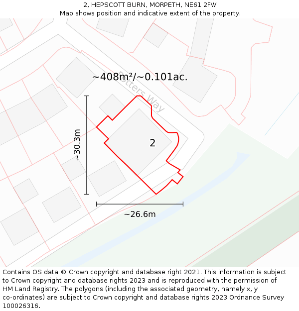 2, HEPSCOTT BURN, MORPETH, NE61 2FW: Plot and title map