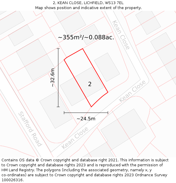 2, KEAN CLOSE, LICHFIELD, WS13 7EL: Plot and title map