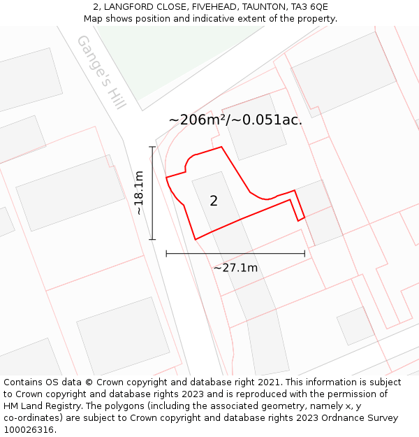 2, LANGFORD CLOSE, FIVEHEAD, TAUNTON, TA3 6QE: Plot and title map