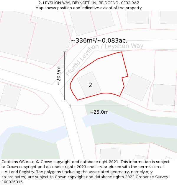 2, LEYSHON WAY, BRYNCETHIN, BRIDGEND, CF32 9AZ: Plot and title map