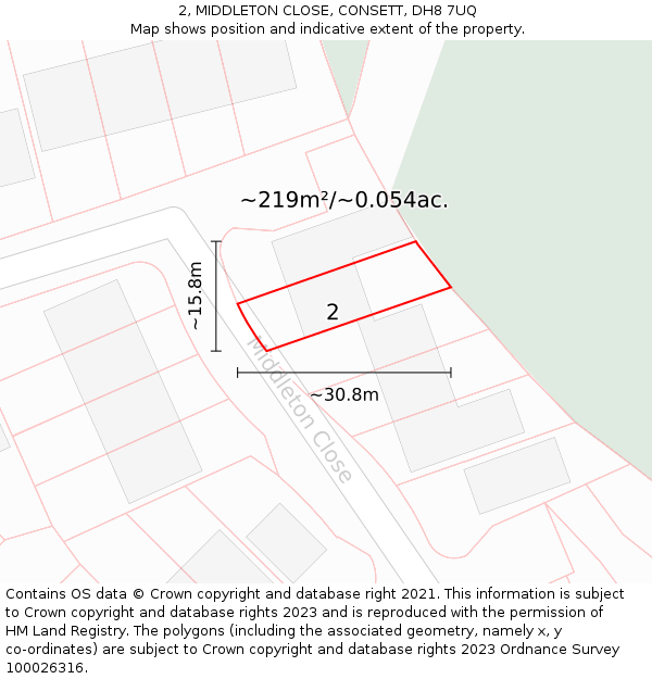 2, MIDDLETON CLOSE, CONSETT, DH8 7UQ: Plot and title map