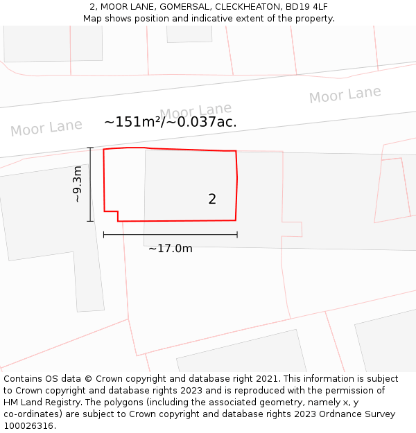 2, MOOR LANE, GOMERSAL, CLECKHEATON, BD19 4LF: Plot and title map