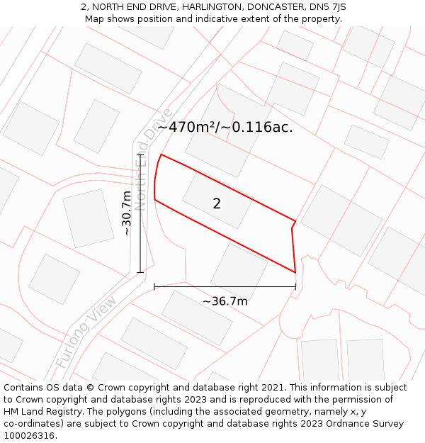 2, NORTH END DRIVE, HARLINGTON, DONCASTER, DN5 7JS: Plot and title map