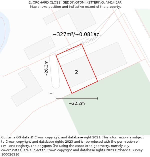 2, ORCHARD CLOSE, GEDDINGTON, KETTERING, NN14 1FA: Plot and title map
