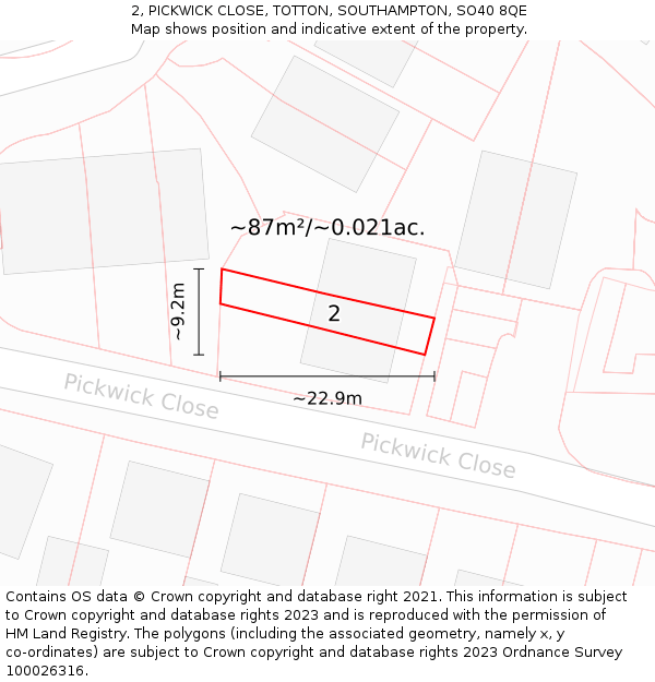 2, PICKWICK CLOSE, TOTTON, SOUTHAMPTON, SO40 8QE: Plot and title map