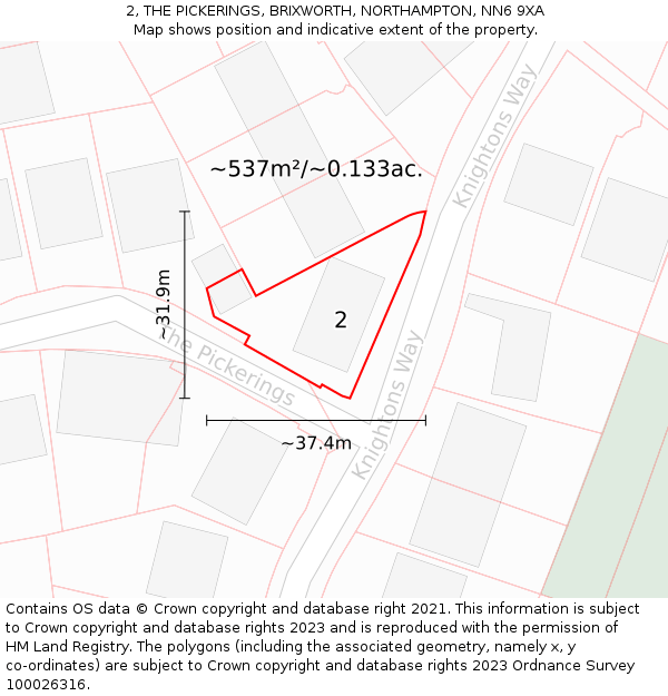 2, THE PICKERINGS, BRIXWORTH, NORTHAMPTON, NN6 9XA: Plot and title map