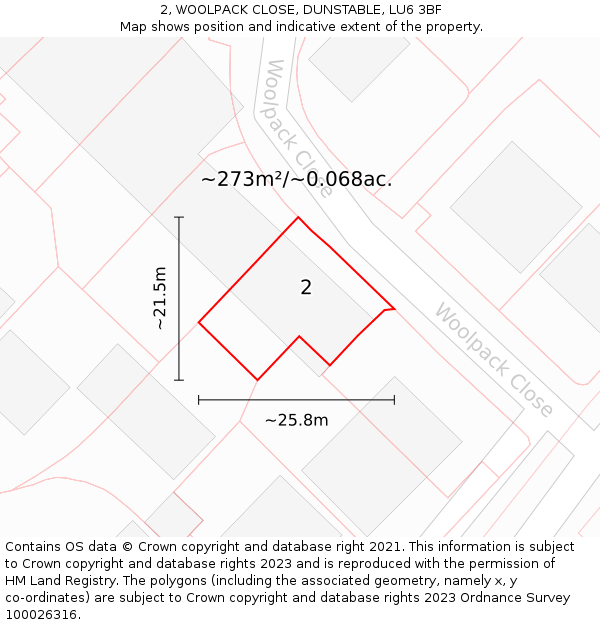 2, WOOLPACK CLOSE, DUNSTABLE, LU6 3BF: Plot and title map
