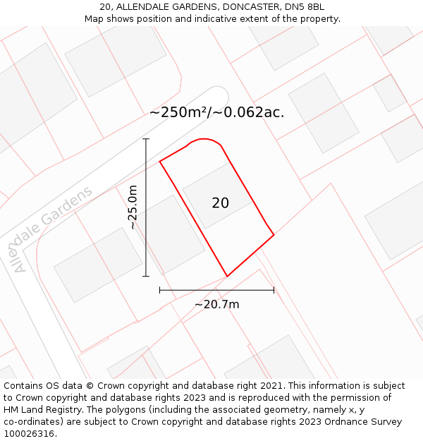 20, ALLENDALE GARDENS, DONCASTER, DN5 8BL: Plot and title map