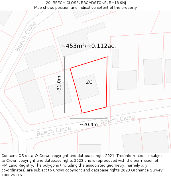 20, BEECH CLOSE, BROADSTONE, BH18 9NJ: Plot and title map